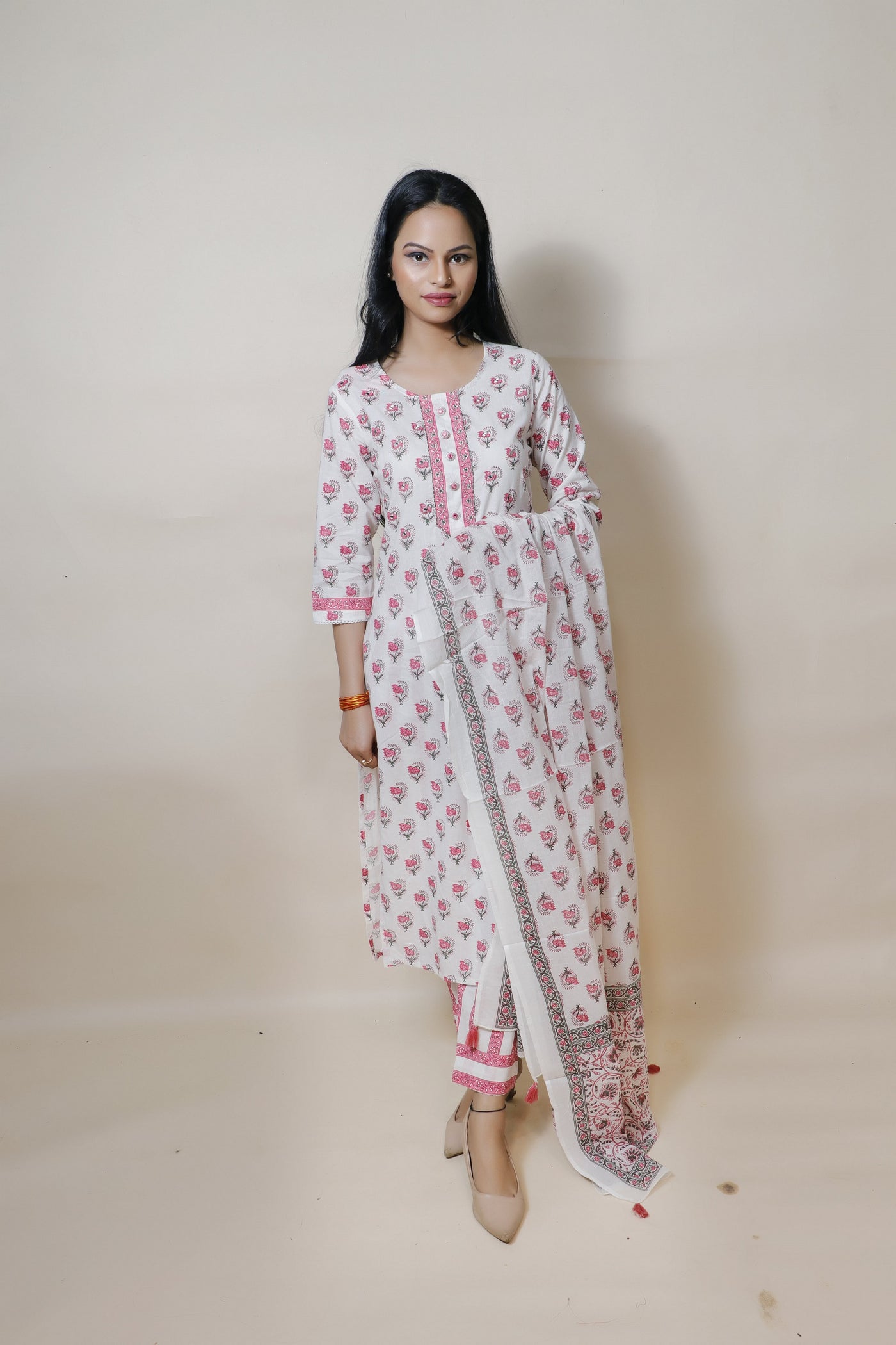 full front look of white mirror work cotton suit