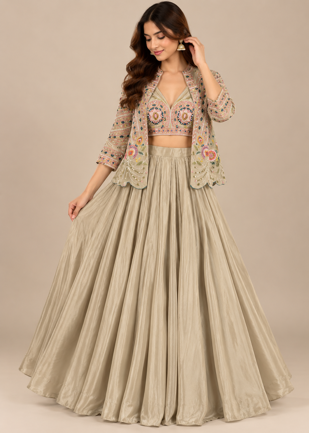 Pista Beige Embroidered Lehenga Set with Jacket