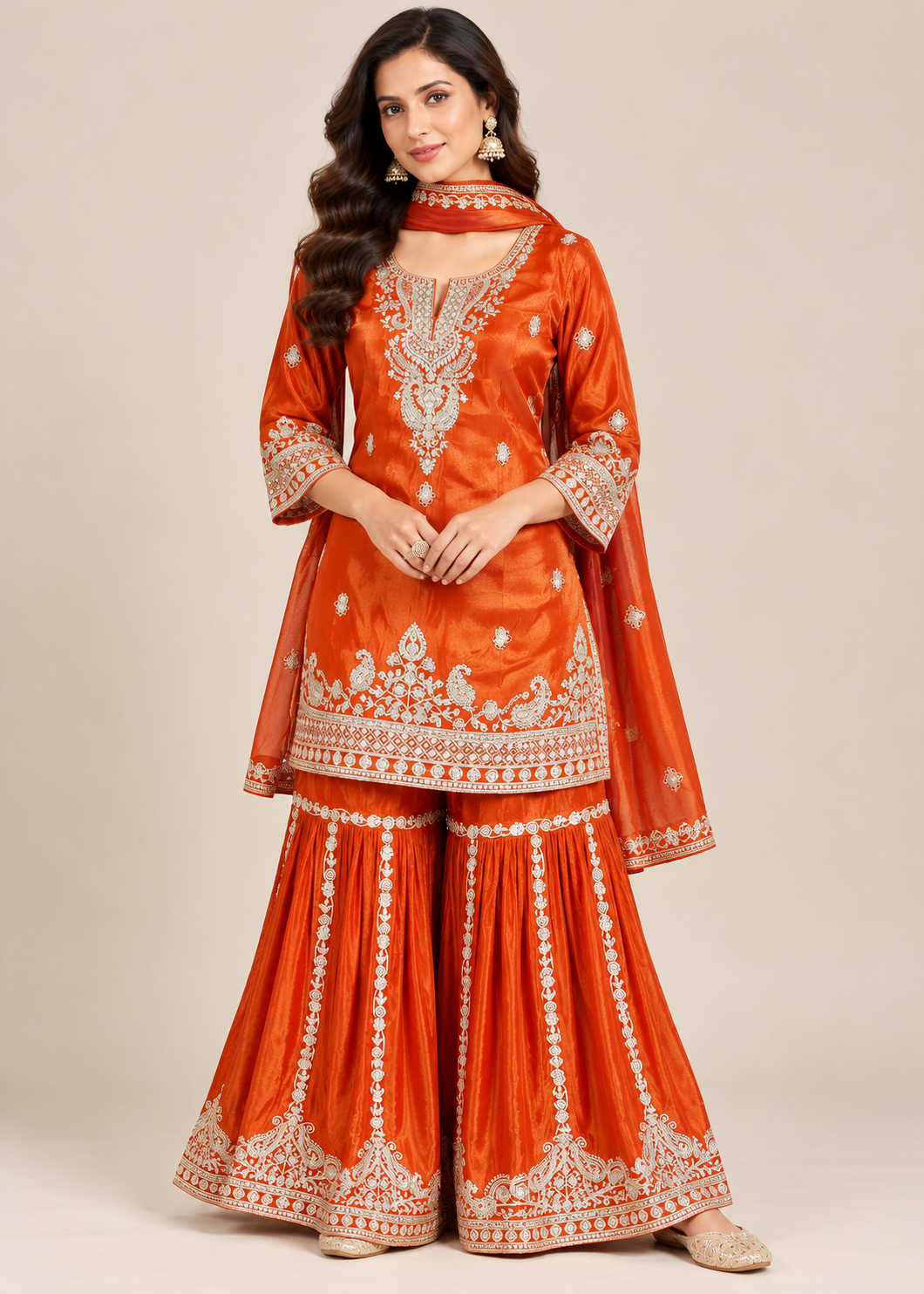 Rust Orange Embroidered Silk Sharara Set