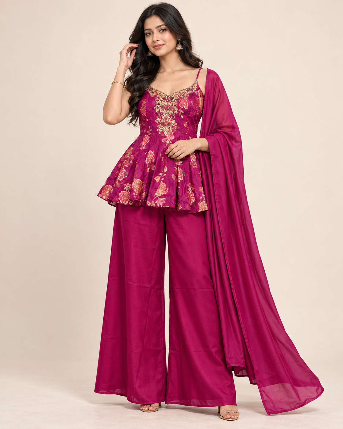 Elegant Wine Floral Printed Peplum Palazzo Suit with Dupatta Main image