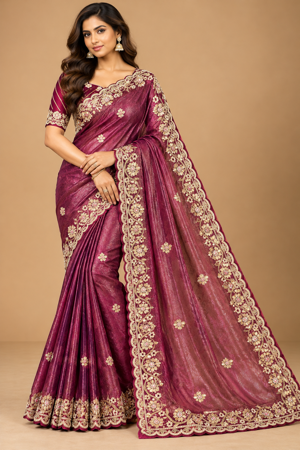 Deep Magenta Zardozi Embroidered Tissue Silk Saree