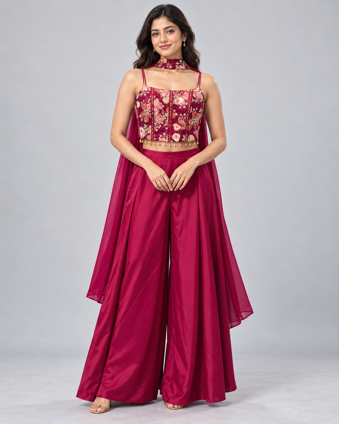 Magenta Floral Crop Top Palazzo Set with Choker Dupatta Main image