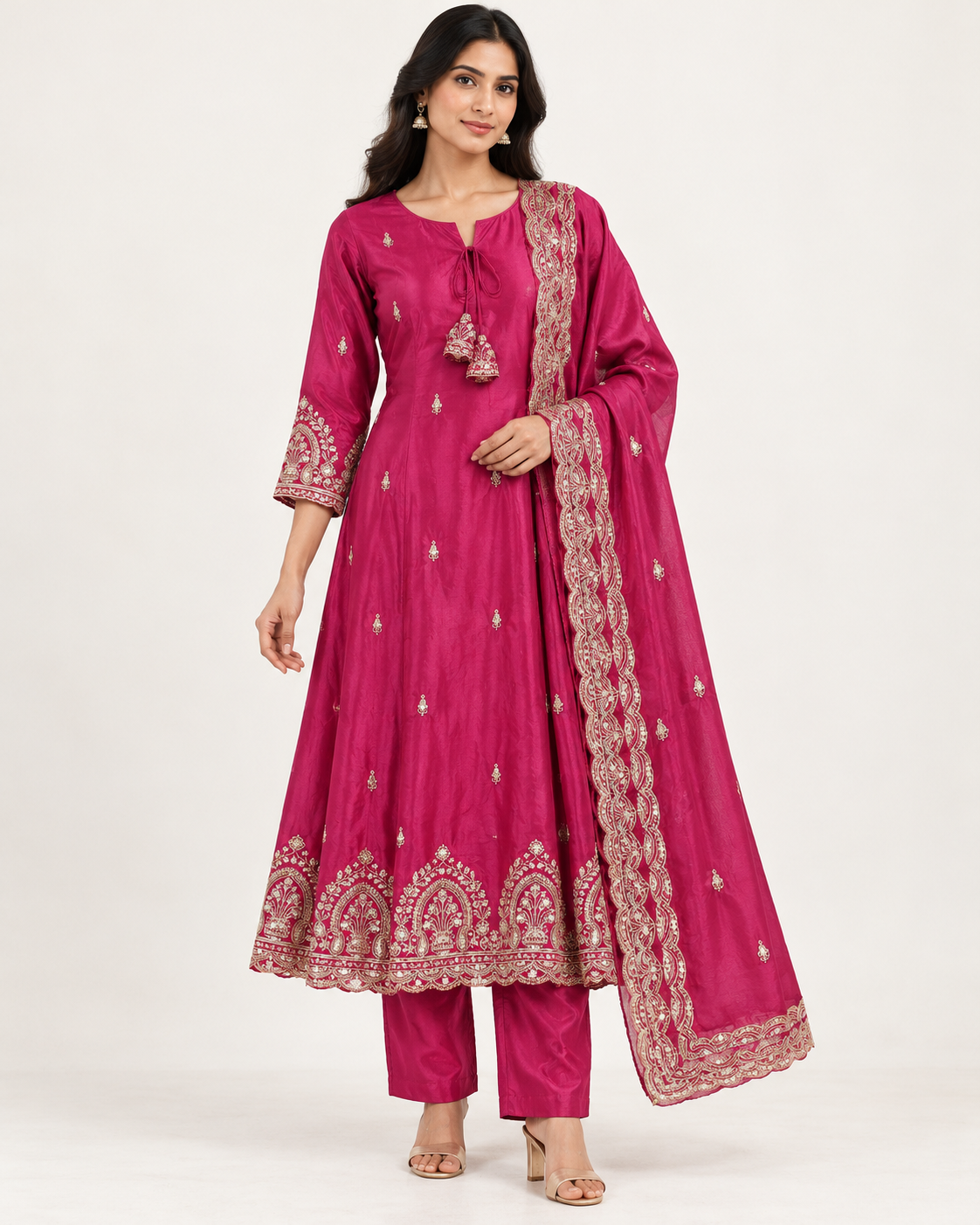 Rani Pink Gold Embroidered Anarkali Suit