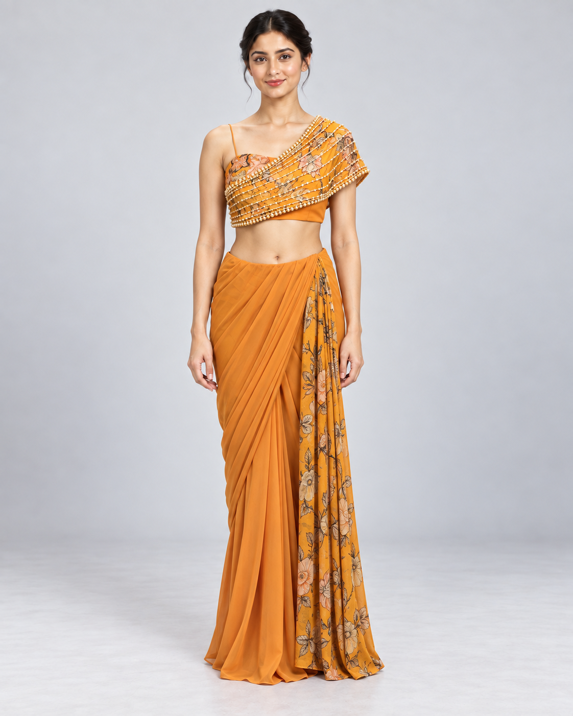 Mustard Floral Draped Indo-Western Set