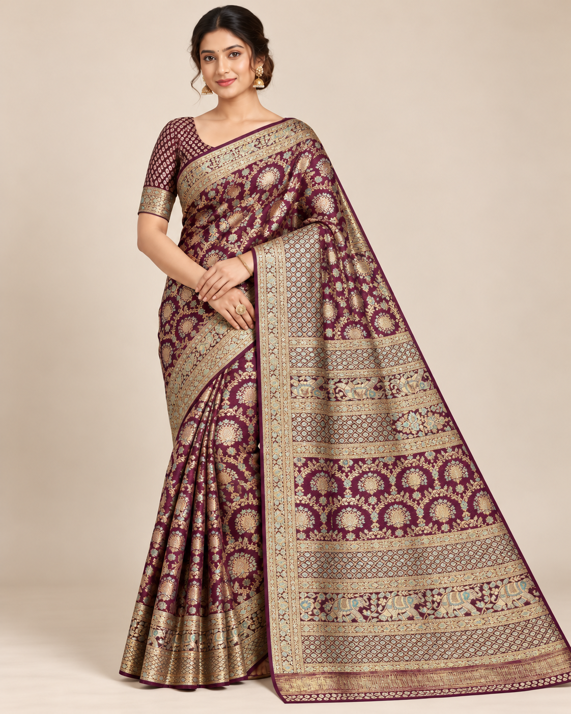 Maroon Banarasi Saree with Rich Golden Zari Border & Traditional Elephant Motifs Main image