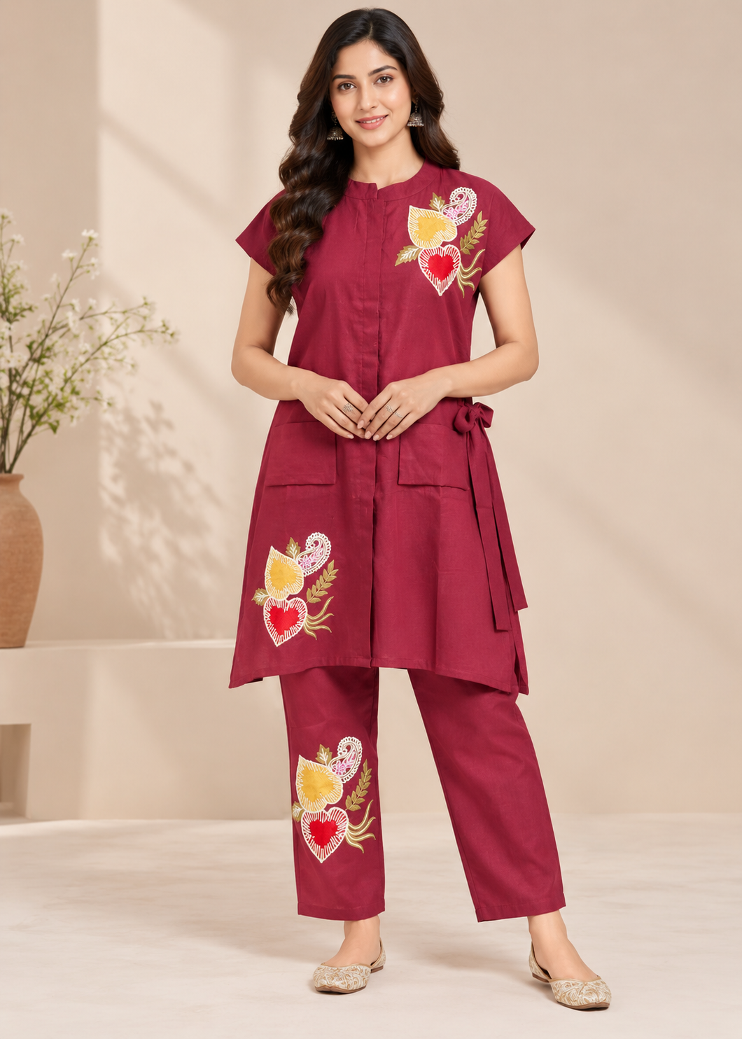 Wine Red Embroidered Co-Ord Set