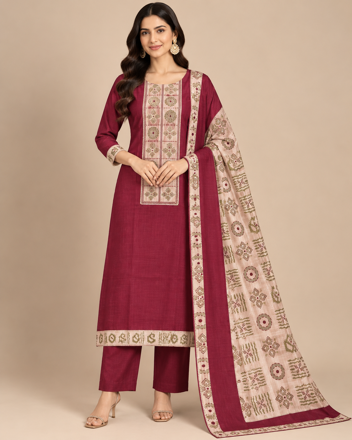 Maroon Traditional Suit Fabric with Contrast Printed Dupatta