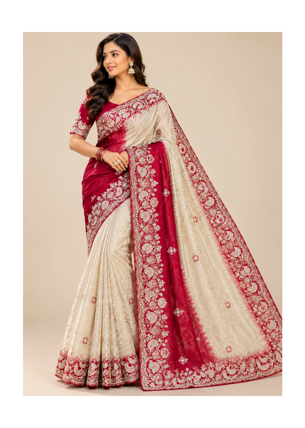 Maroon and Ivory Embroidered Silk Saree Main image