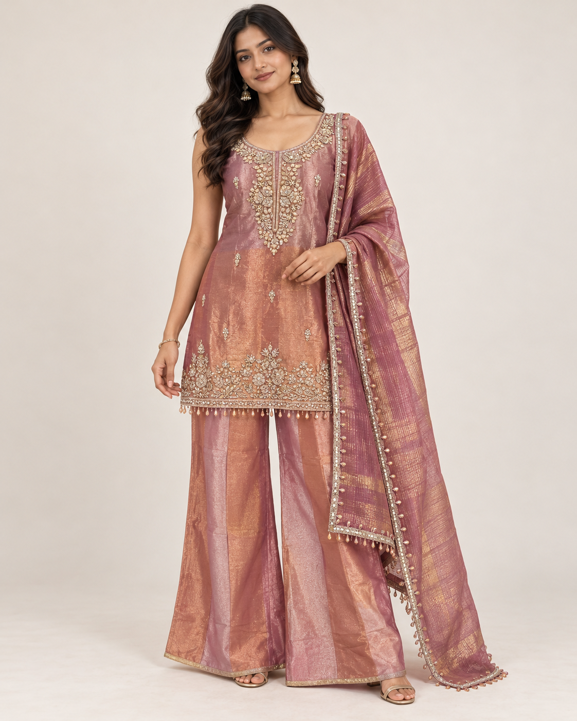 Copper Zari Striped Three-Piece Suit