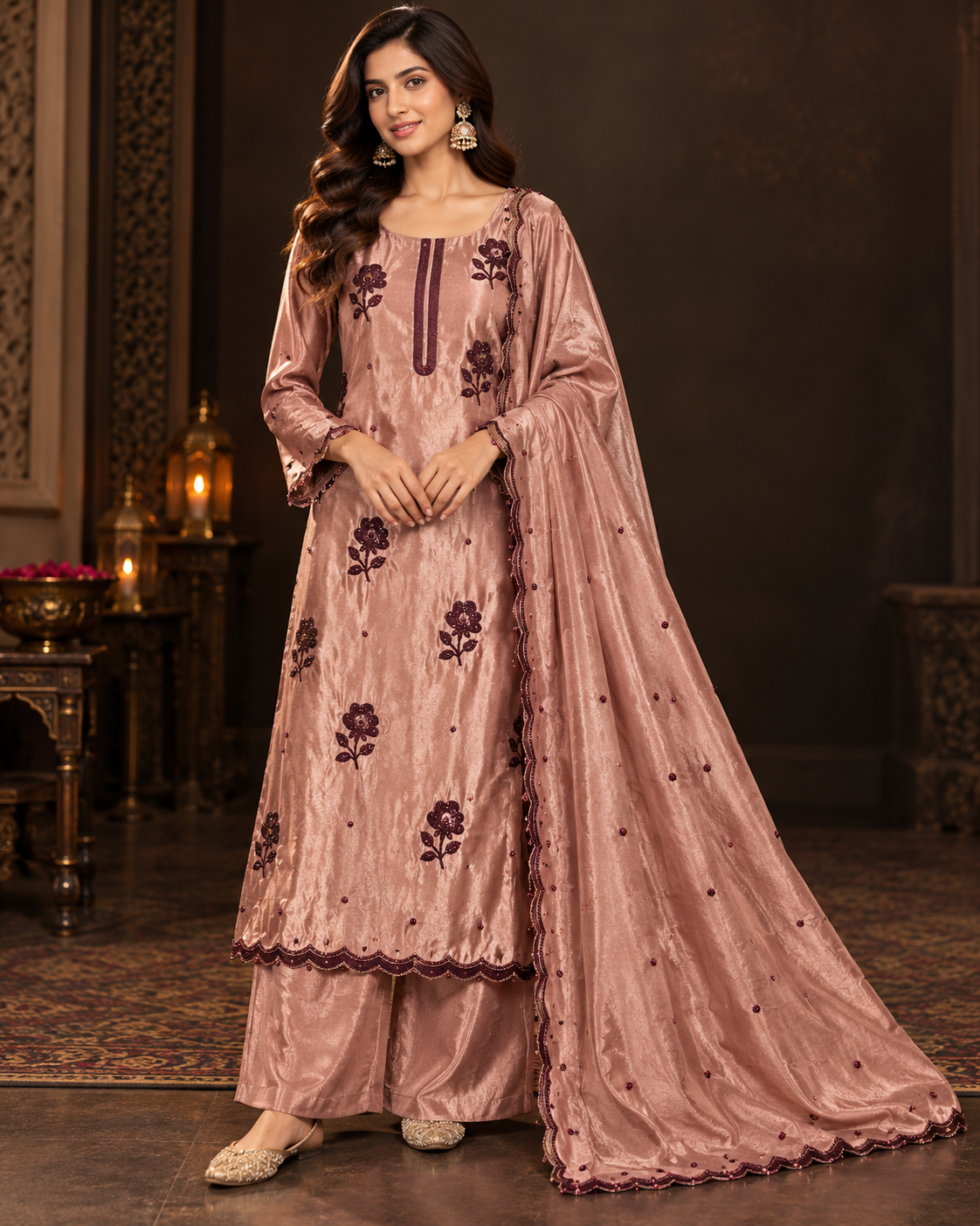 Elegant Dusty Rose Floral Designer Suit
