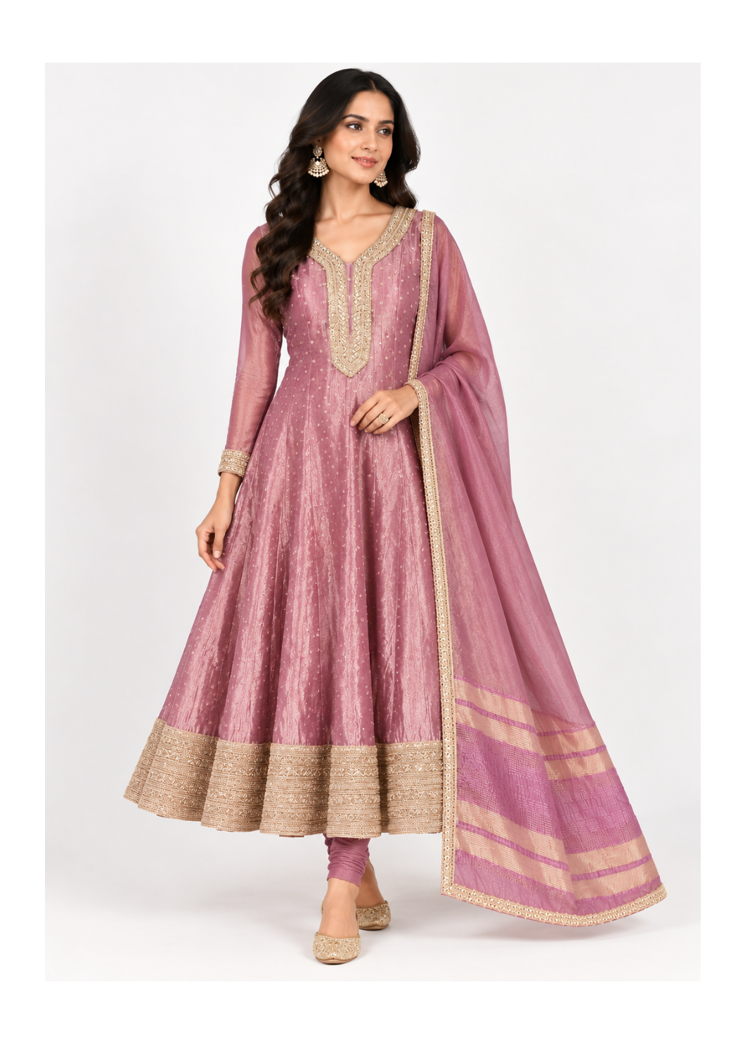 Dusty Rose Gold Embroidered Anarkali Suit Set