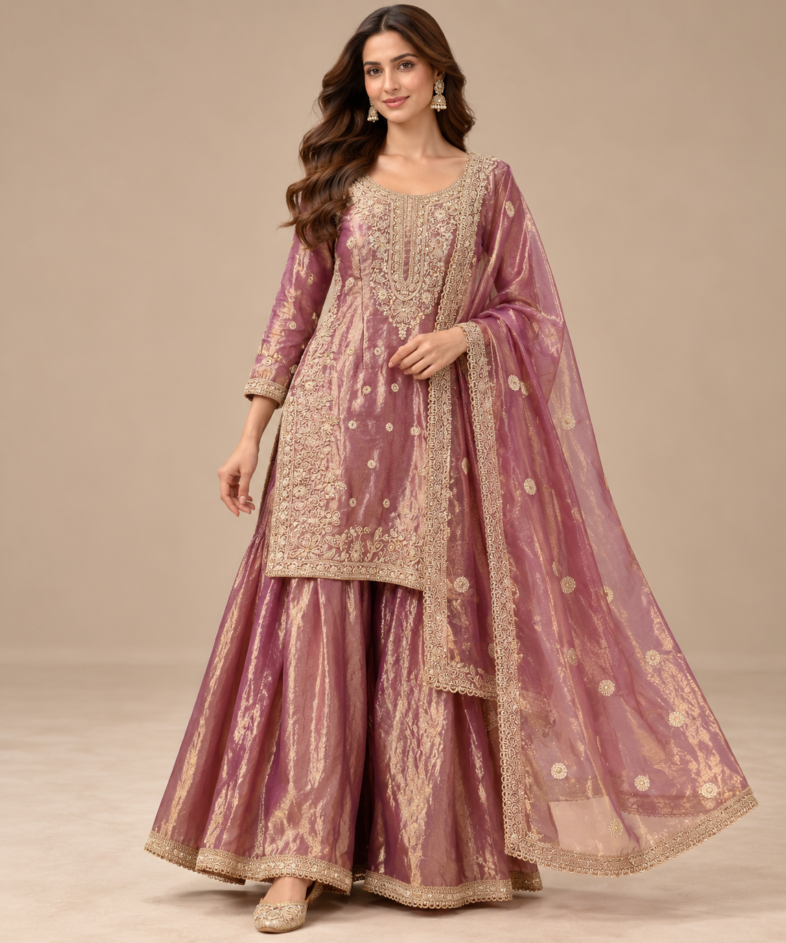 Dusty Mauve & Gold Tissue Sharara Suit Set