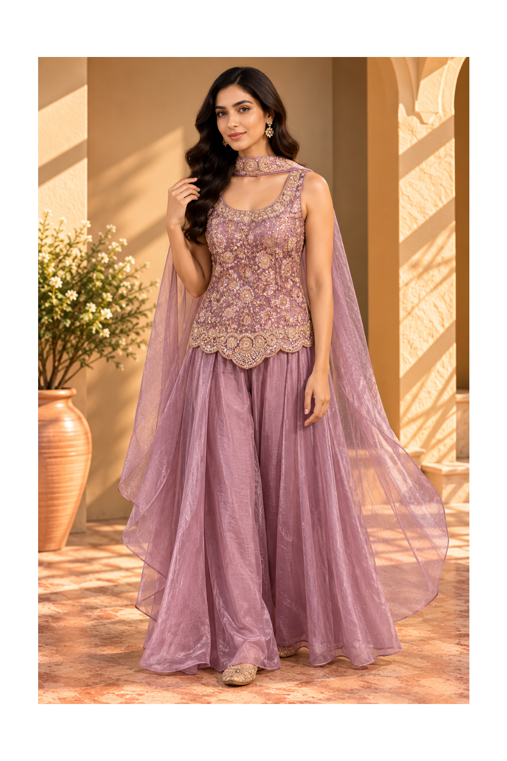 Dusty Lilac Mauve Embroidered Corset & Sharara Cape Set