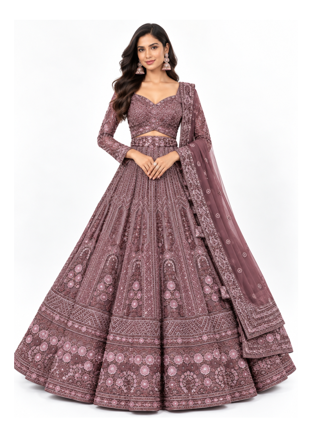 Mauve Floral Embroidered Bridal Lehenga Set Main image
