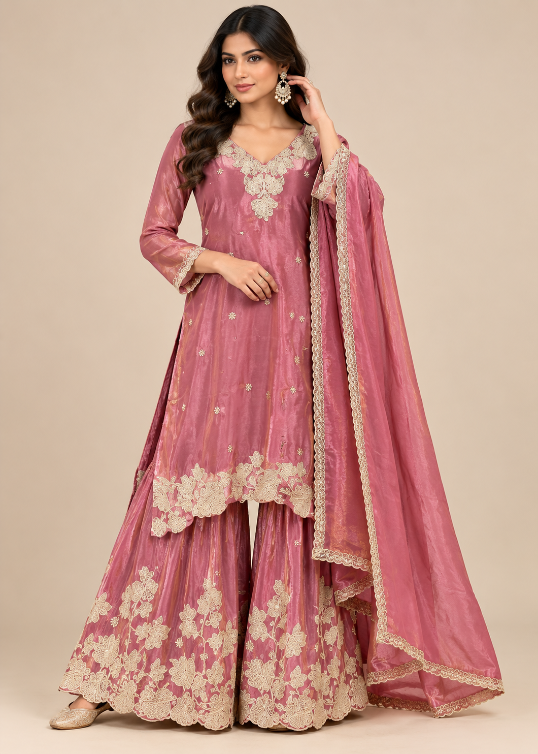 Mauve Floral Embroidered Palazzo Suit with Dupatta Main image
