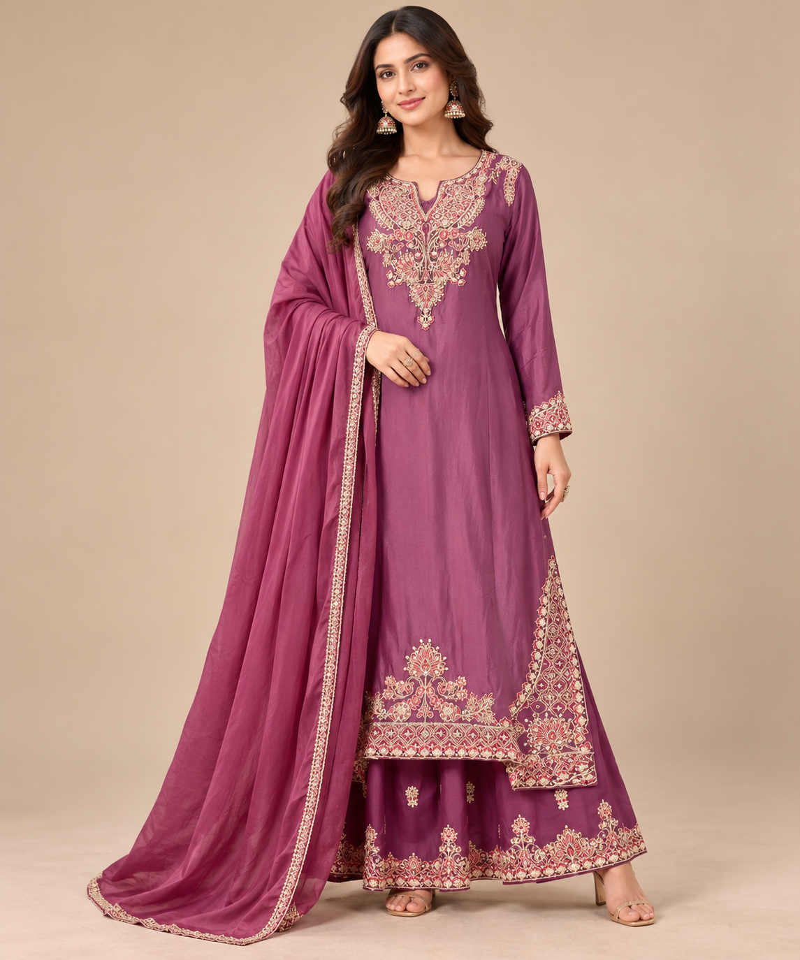 Mauve Embroidered Silk Sharara Suit Set