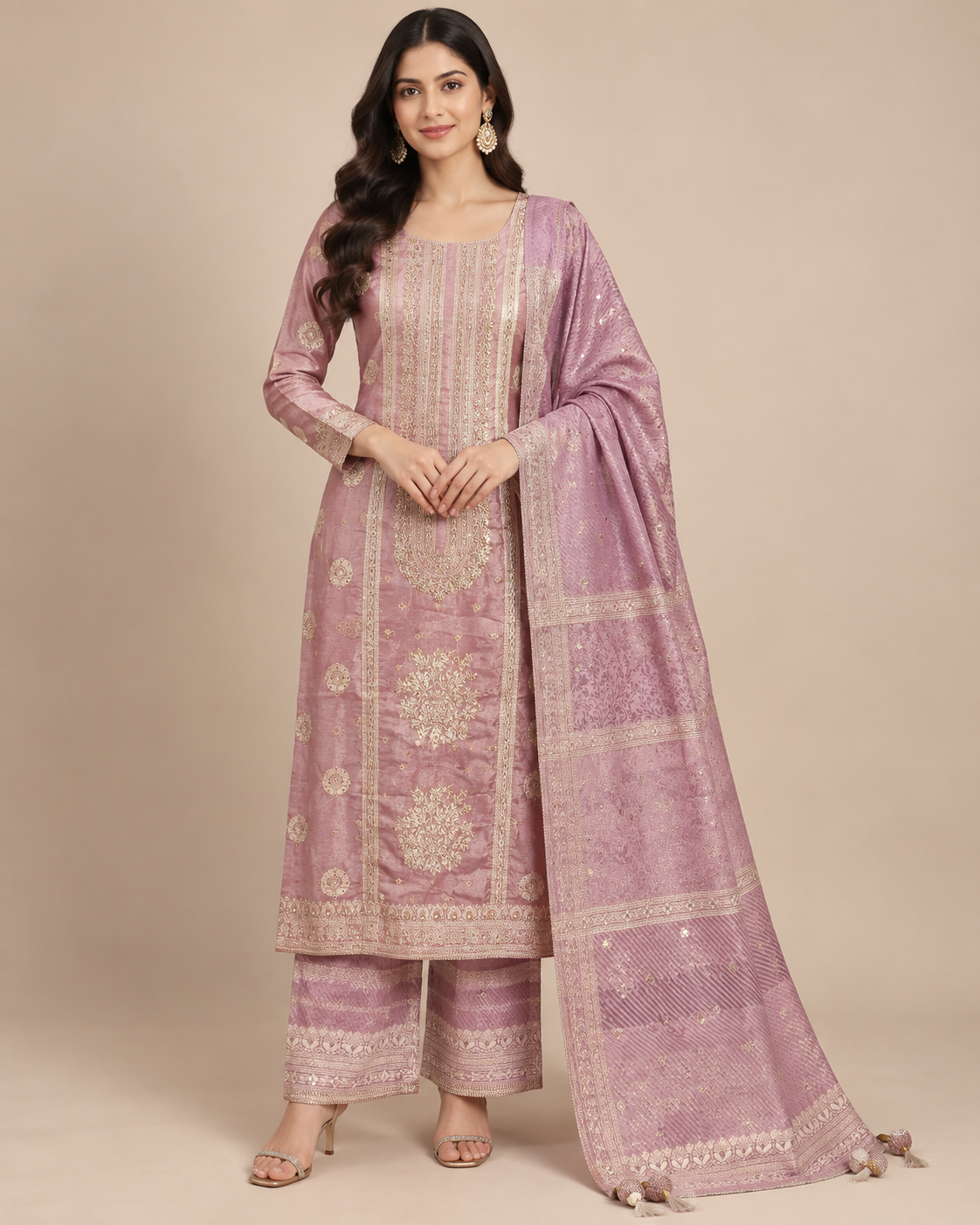 Mauve Gold Embroidered Ethnic Suit Fabric with Dupatta Main image