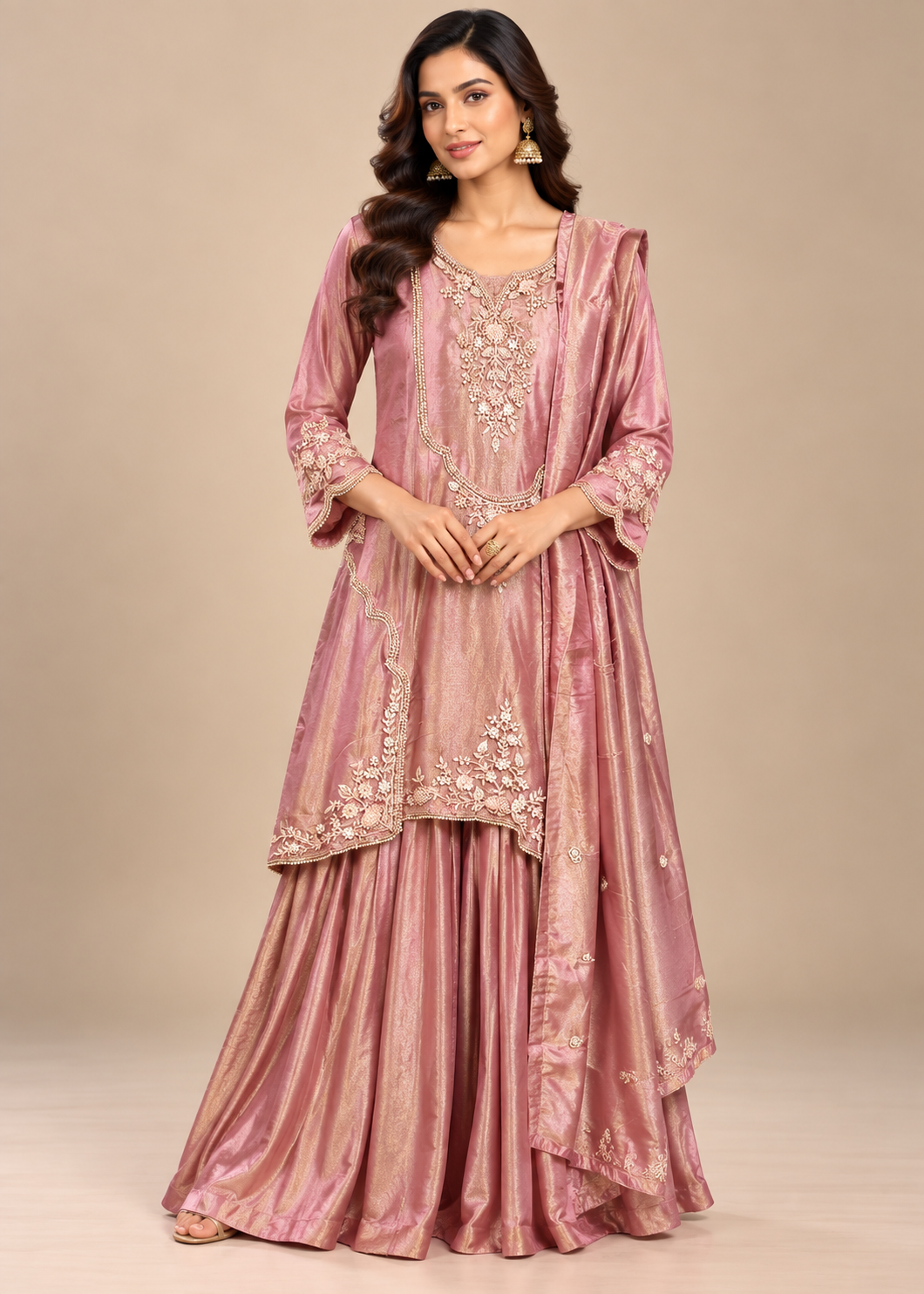 Sophisticated Dusty Mauve Embroidered Sharara Set