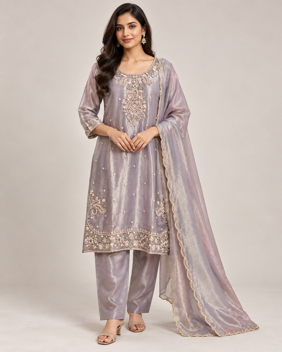 Lilac Embroidered Kurti Pant Set with Dupatta Main image