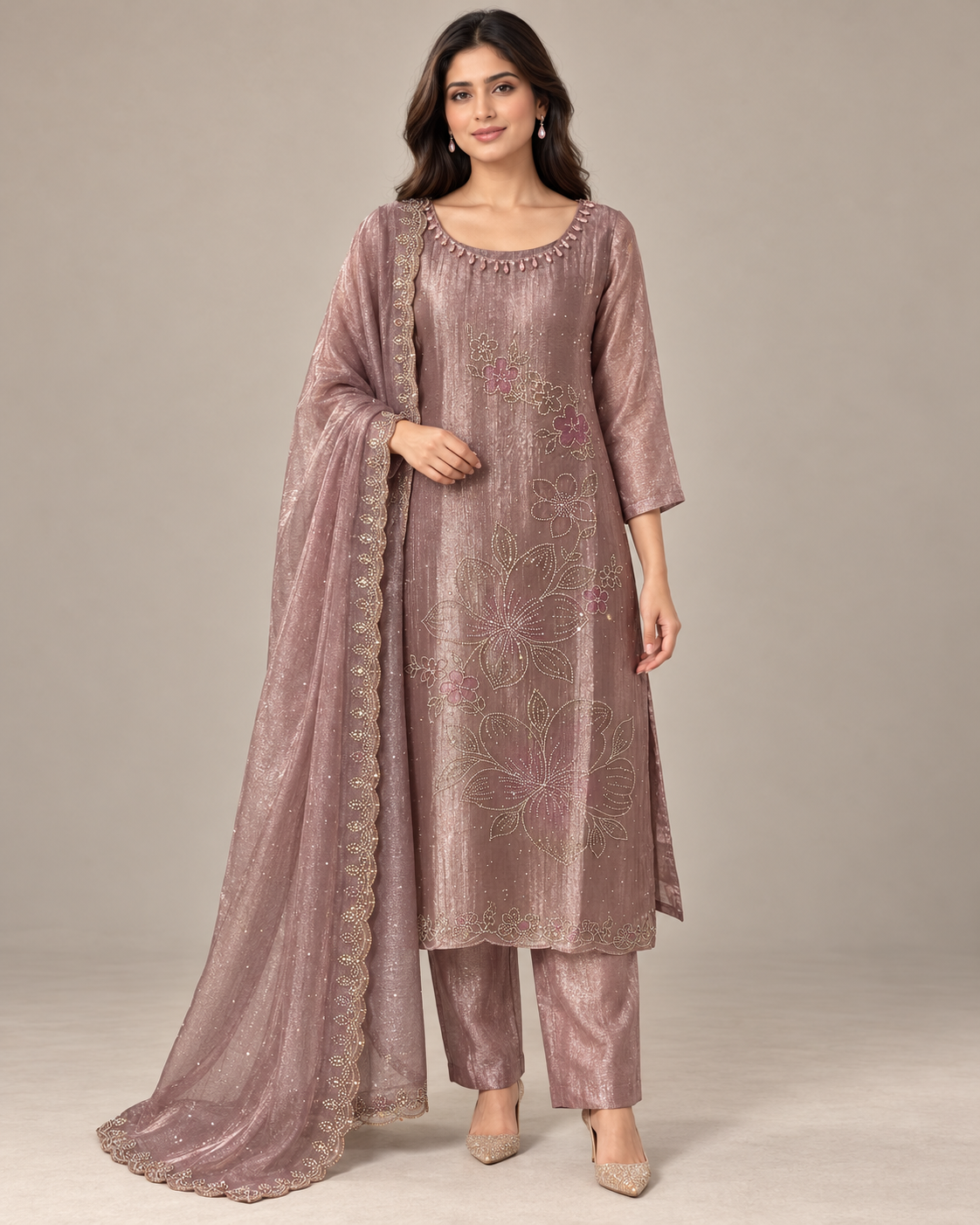 Mauve Floral Embellished Three Piece Suit