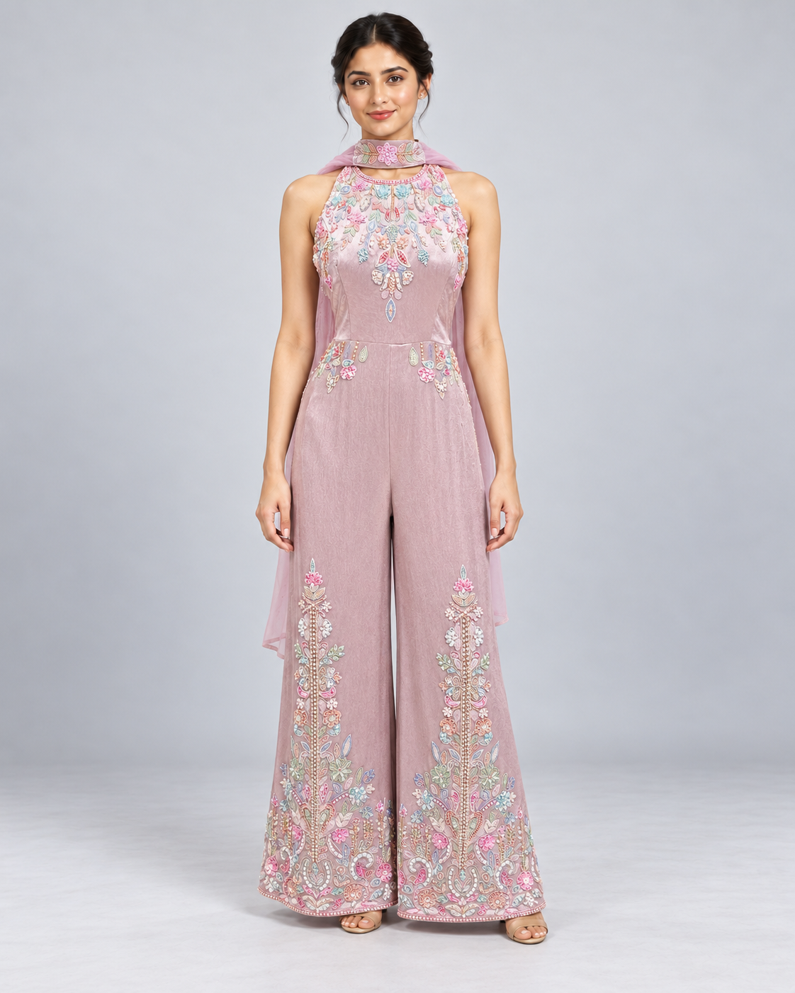 Lilac Floral Embroidered Halter Jumpsuit Main image