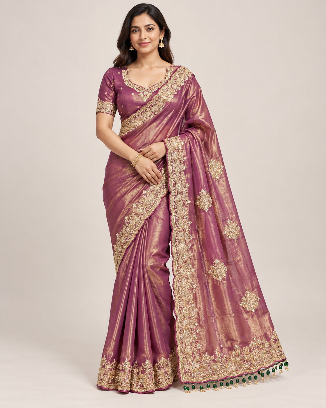 Mauve Plum Saree with Ornate Gold Border
