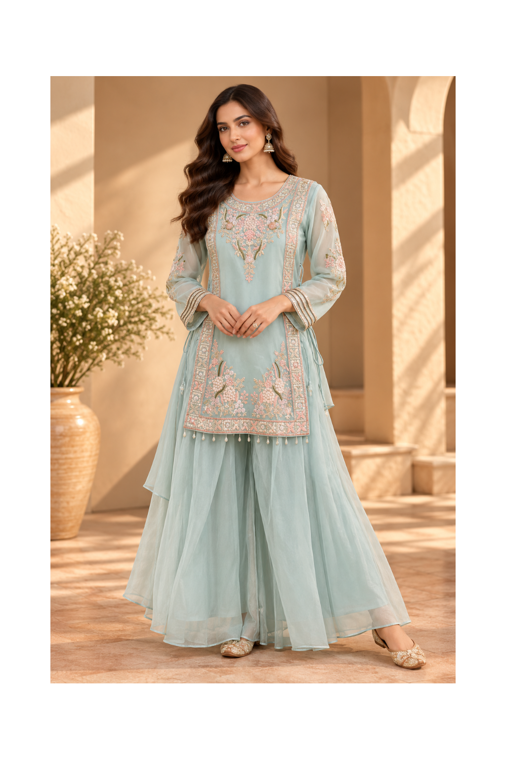 Mint Green Embroidered Sharara Set