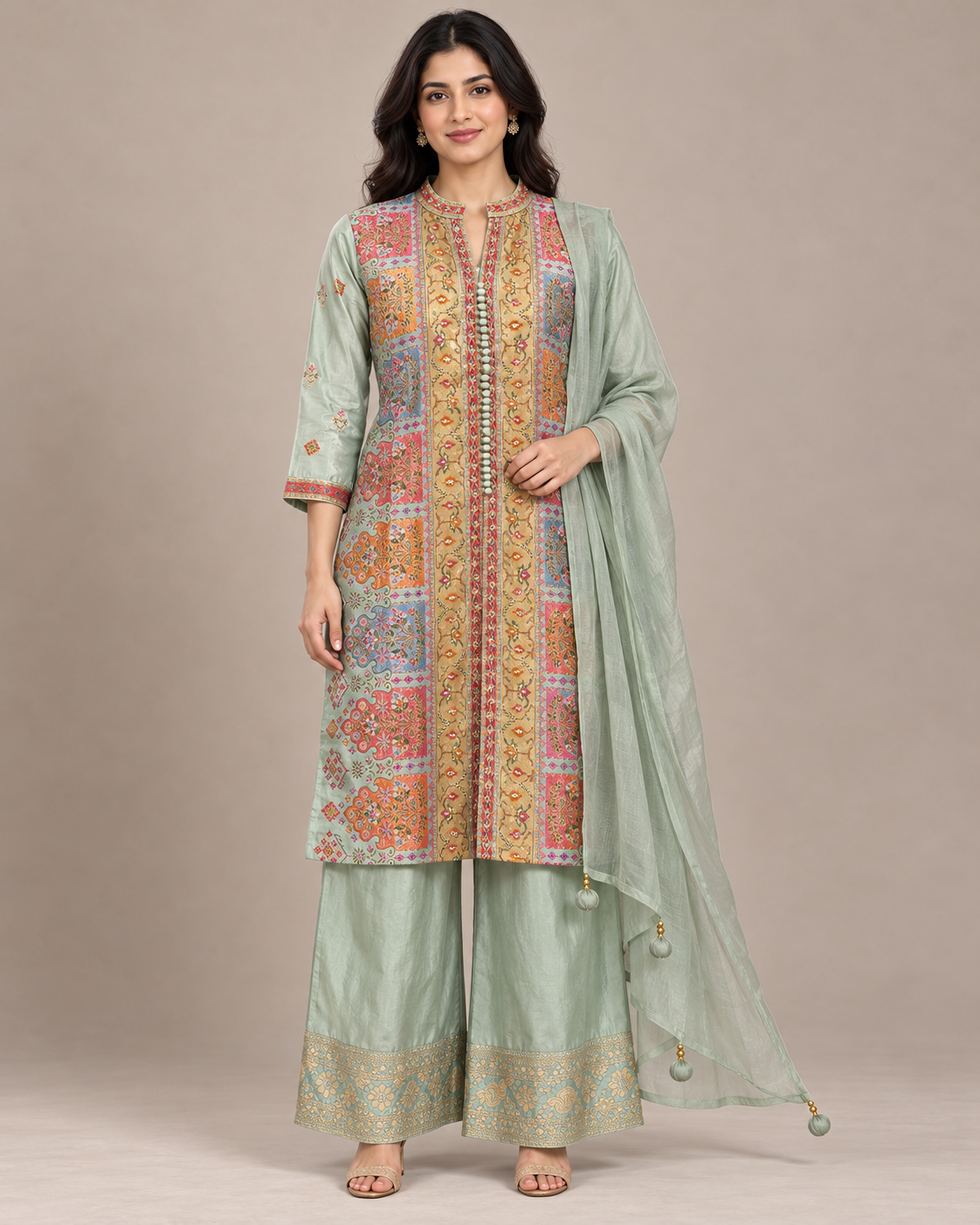 Mint Green Multicolour Embroidered Palazzo Suit