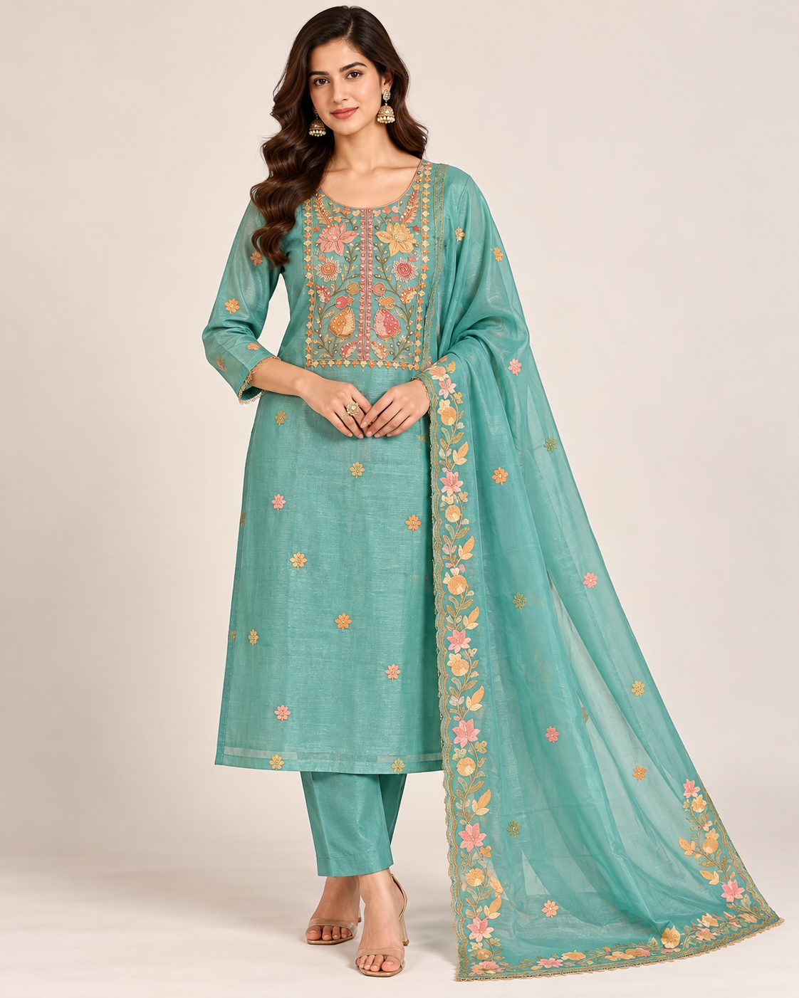 Elegant Sea Green Floral Suit Fabric