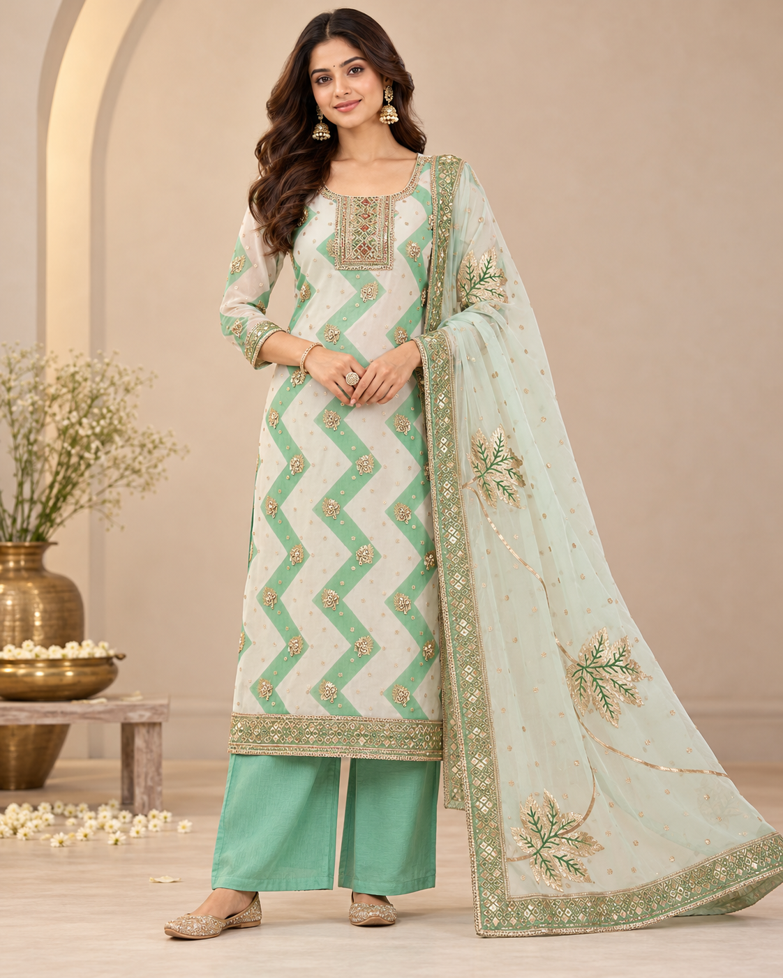 Elegant Mint Green Embroidered Suit Set with Designer Dupatta Main image