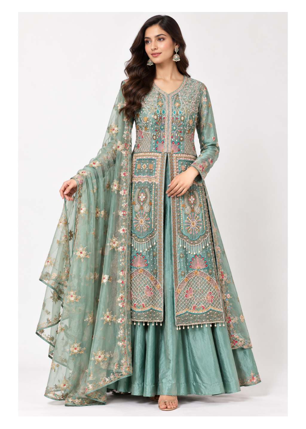 Mint Teal Multicolor Embroidered Anarkali Suit Set