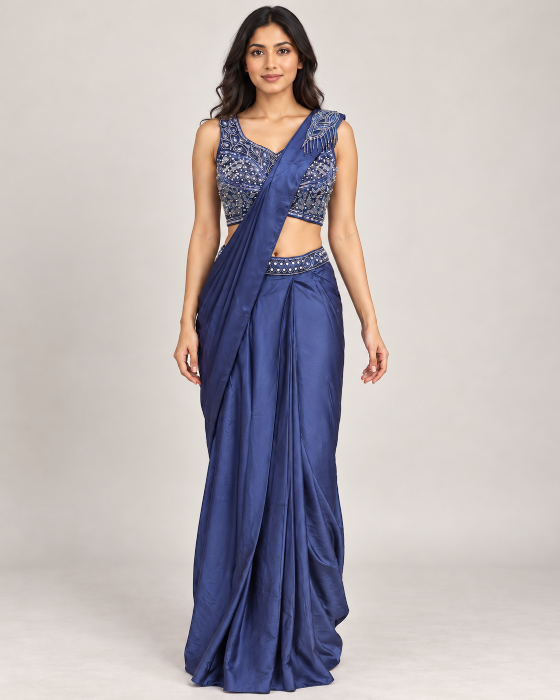 Navy Blue Embellished Crop Top & Draped Saree-Style Skirt Set