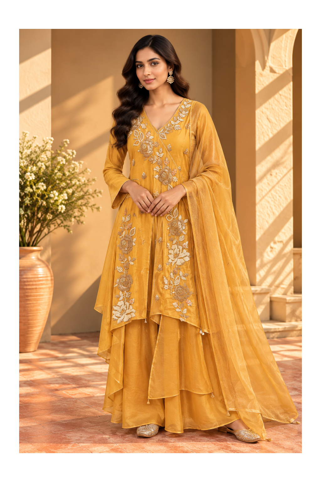Mustard Yellow Floral Embroidered Angrakha Sharara Set Main image