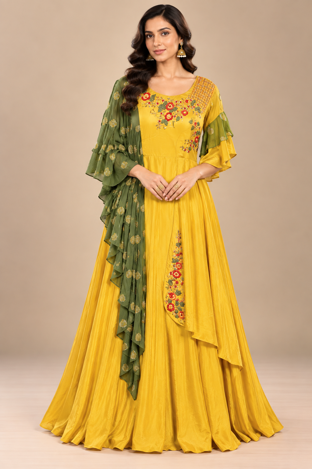 Vibrant Mustard Yellow Anarkali with Olive Green Ruffle Dupatta