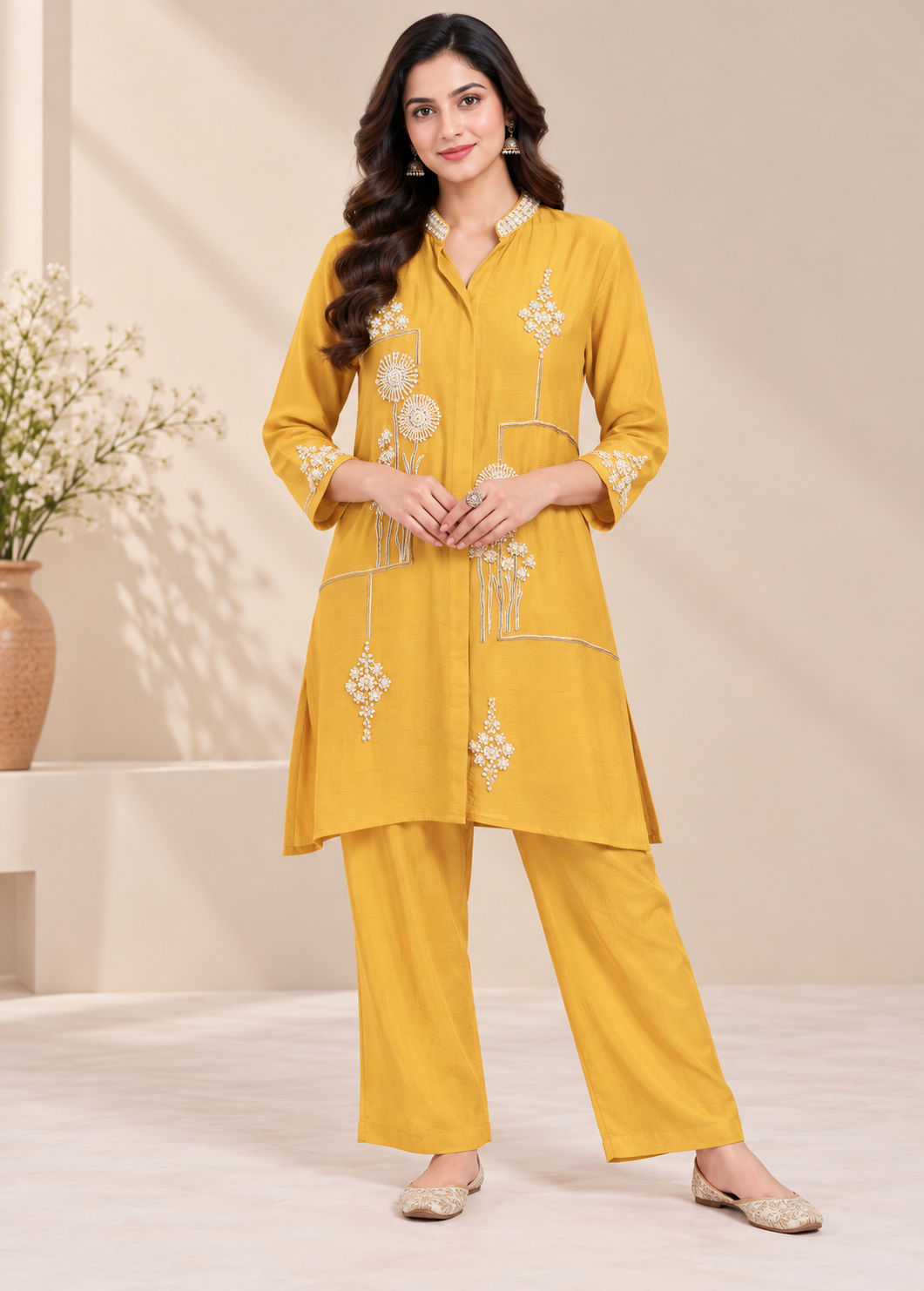 Mustard Yellow Floral Embroidered Co-Ord Set Main image