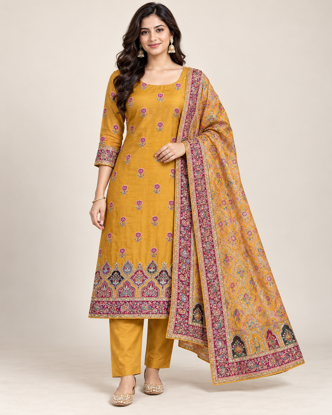 Mustard Yellow Embroidered Kurta Set Main image