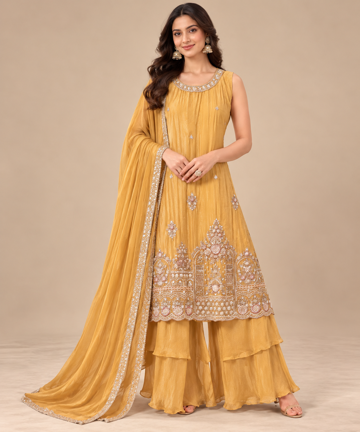 Mustard Yellow Embroidered Tiered Sharara Suit Set Main image