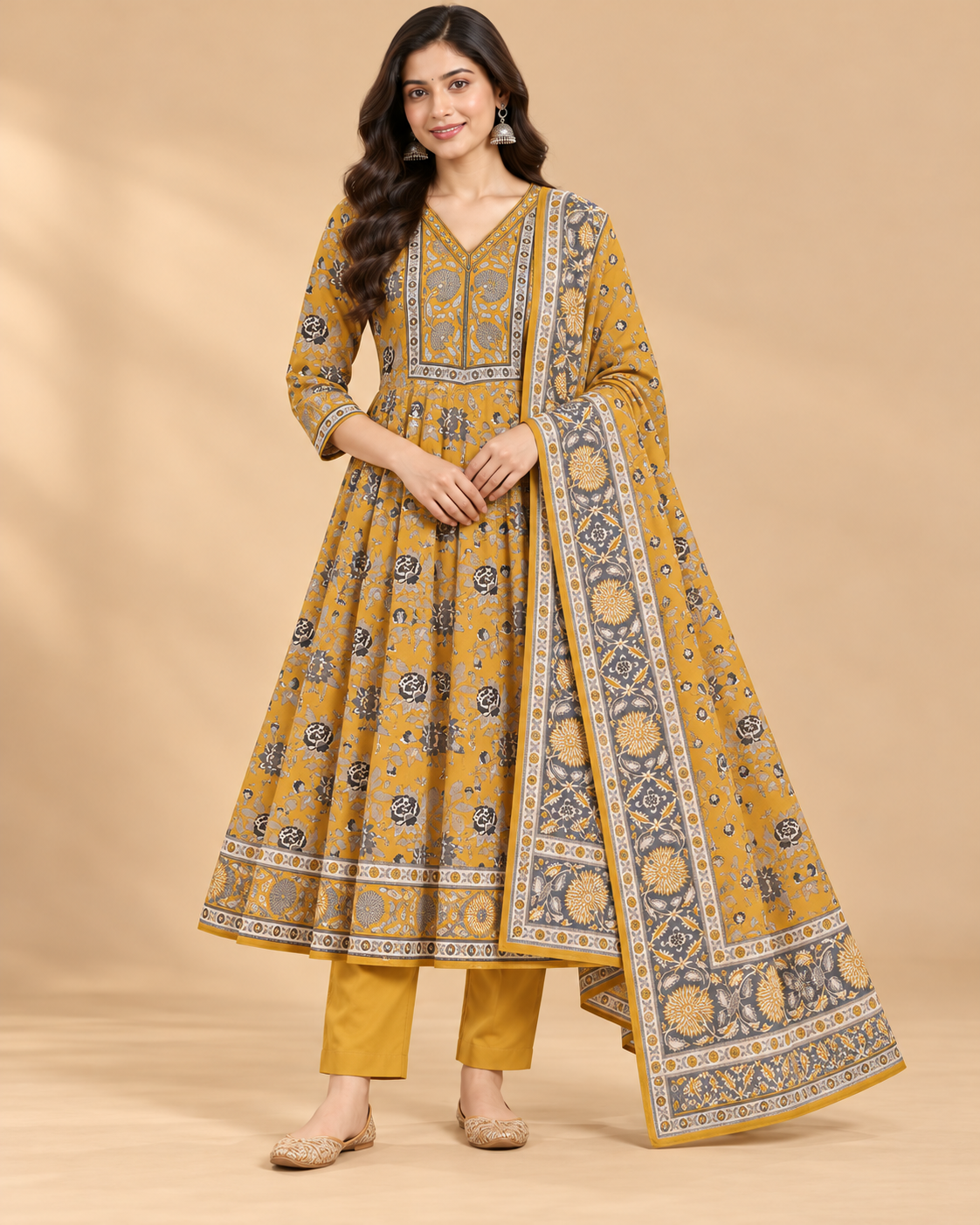 Yellow Floral Printed Anarkali Suit with Designer Dupatta Main image