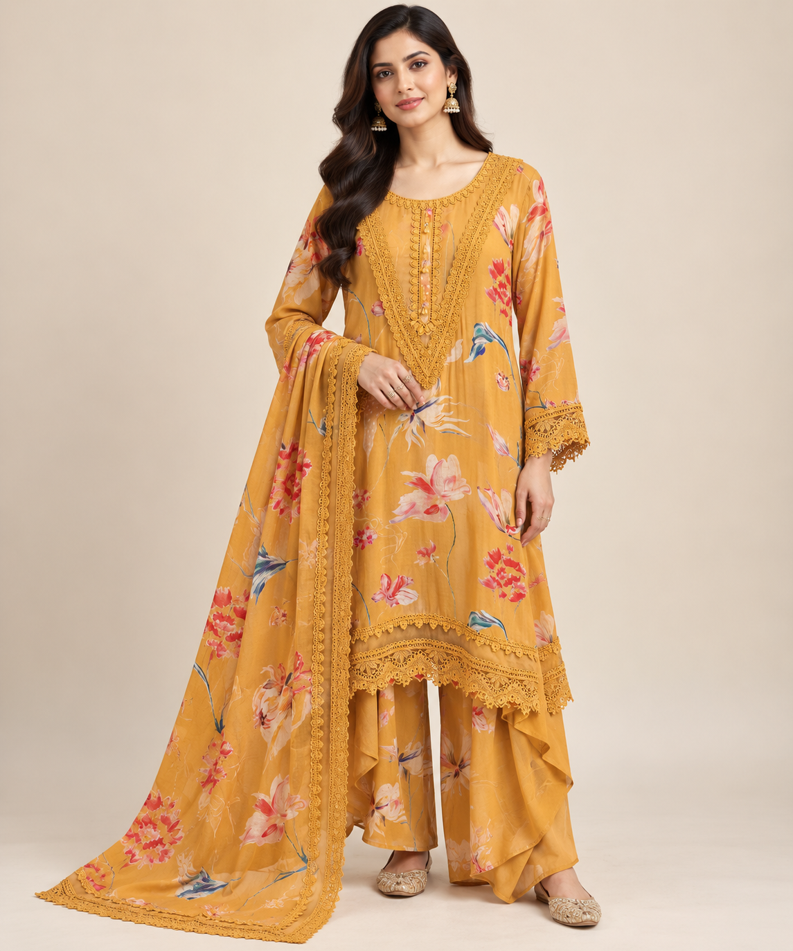 Mustard Yellow Floral Printed Georgette Sharara Suit Set
