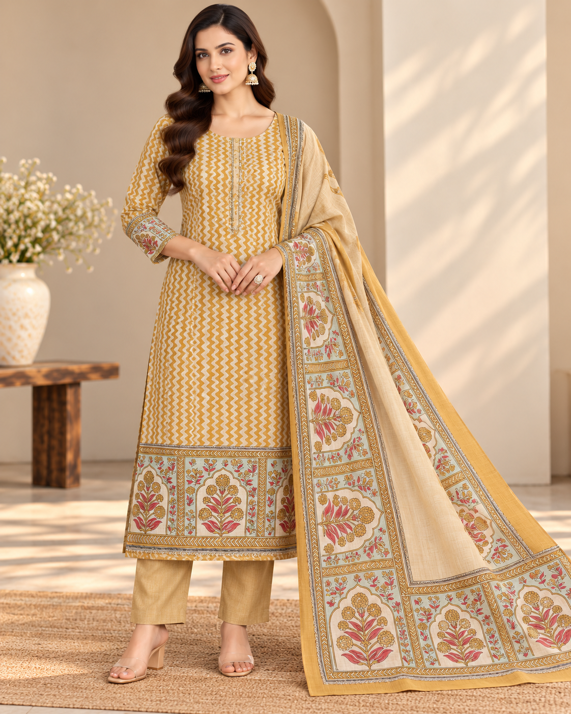 Mustard Chevron Suit Fabric with Traditional Floral Dupatta