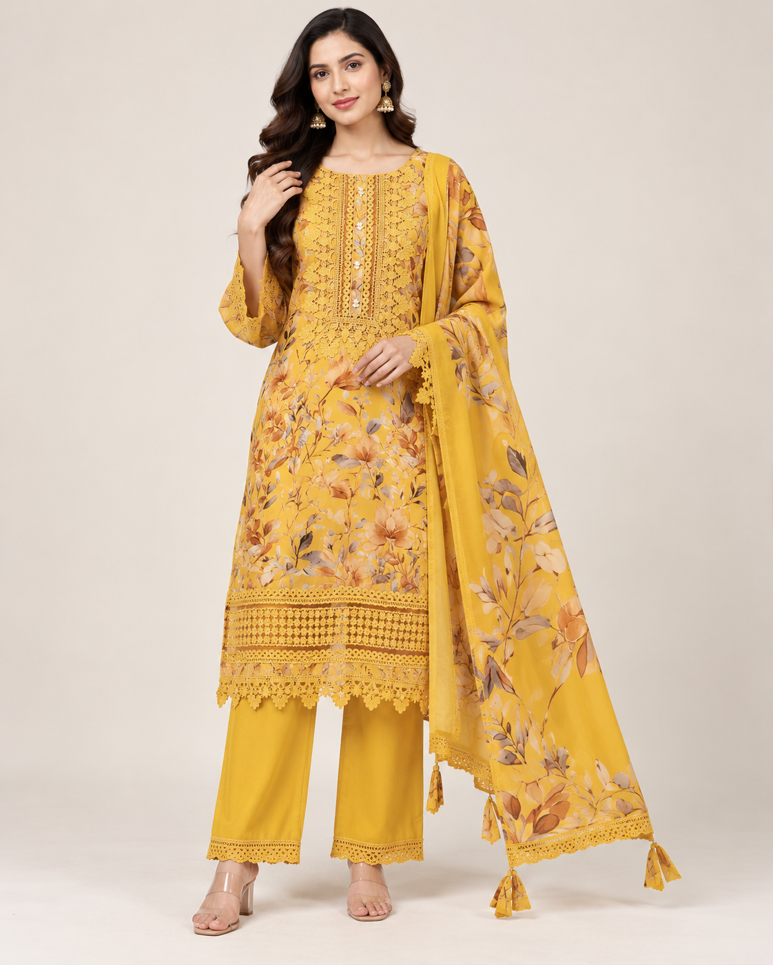 Mustard Yellow Floral Printed Pakistani Suit Set