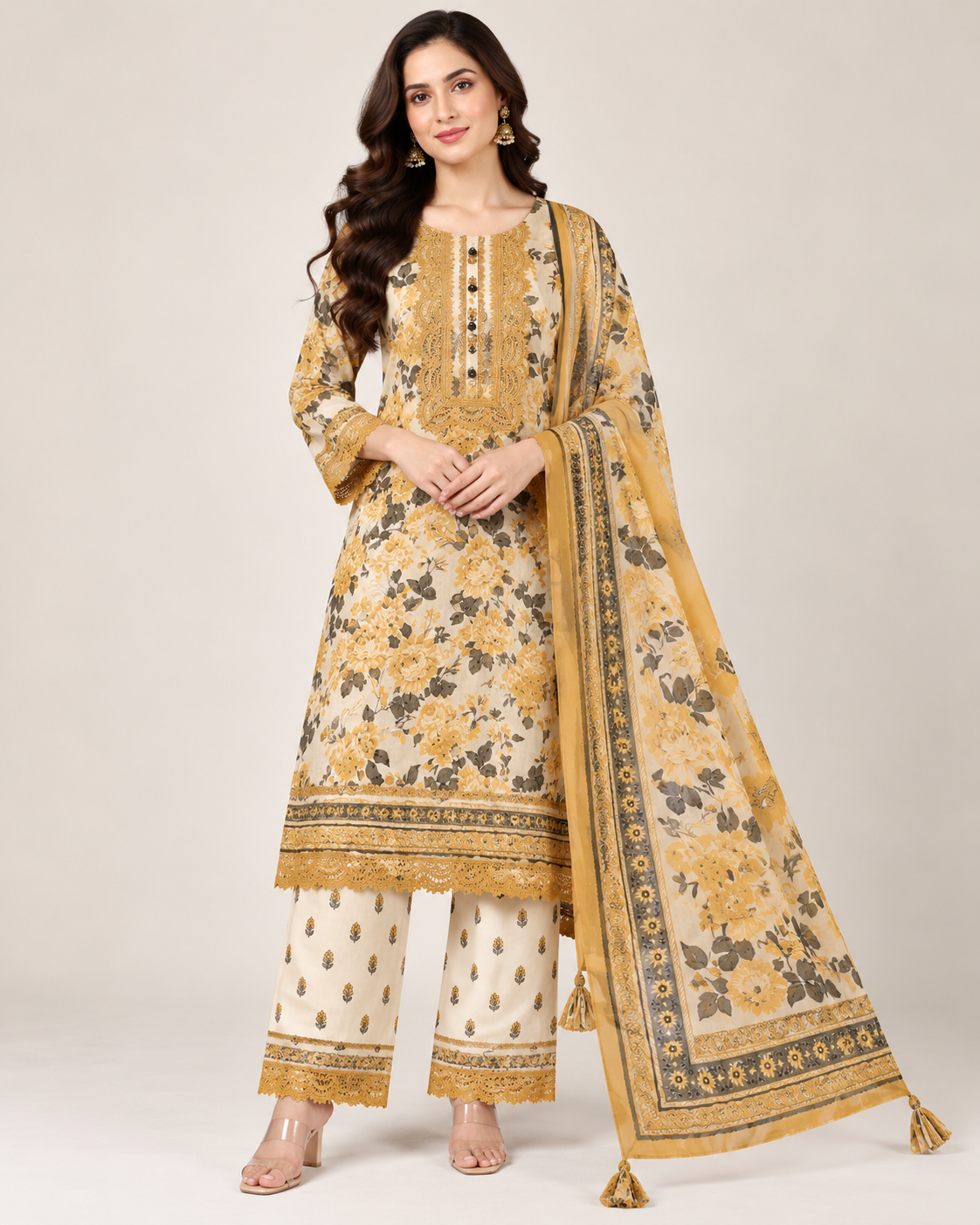 Cream & Mustard Yellow Floral Printed Pakistani Suit Set Main image