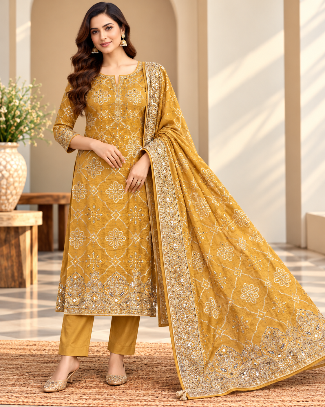 Mustard Gold Embellished Suit Fabric with Matching Dupatta
