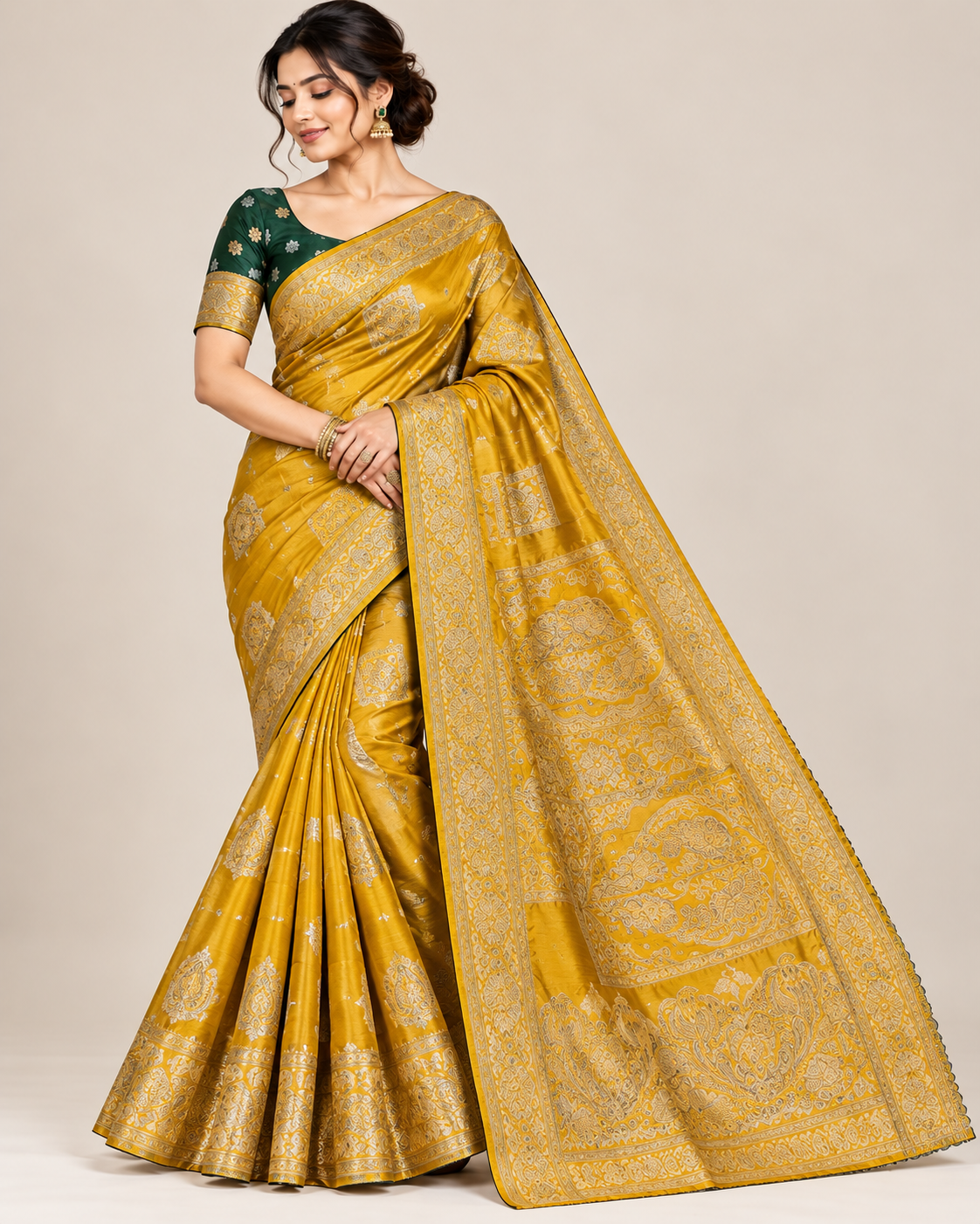 Exquisite Mustard Gold Banarasi Silk Saree with Contrast Green Blouse