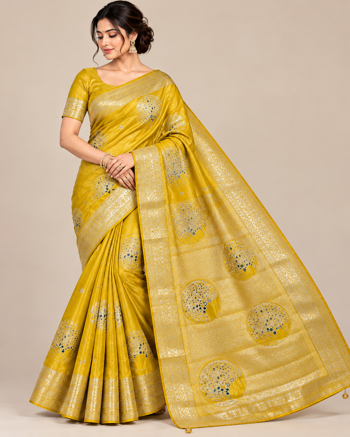 Elegant Mustard Gold Banarasi Silk Saree with Matching Blouse Main image
