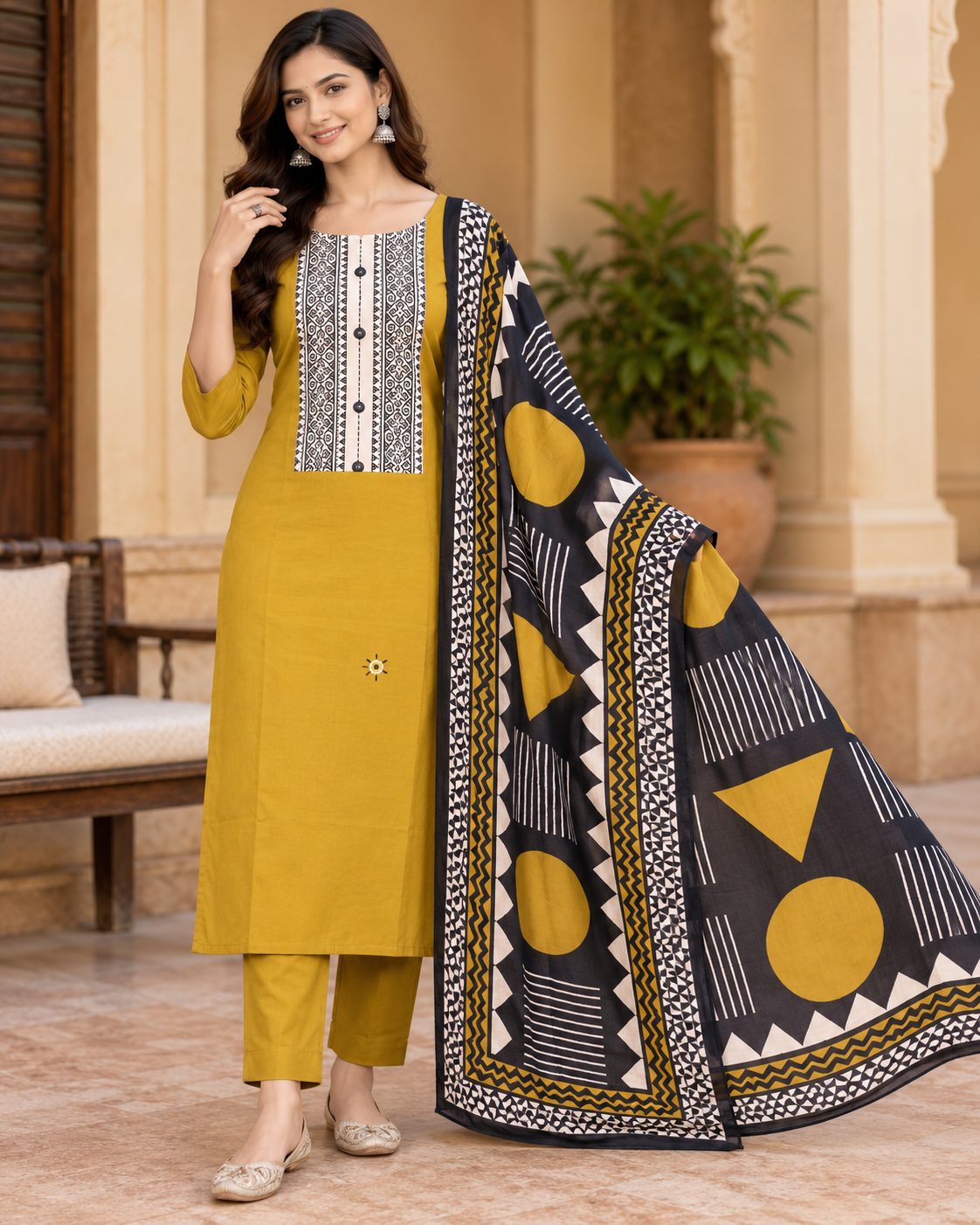 Mustard Yellow Geometric Printed Fabric with Designer Dupatta