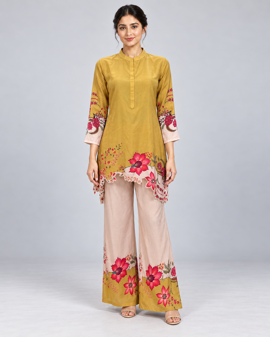Mustard Floral Kurti with Blush Pink Palazzo Set