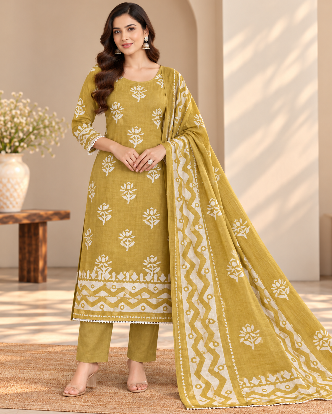 Mustard Block Print Suit Fabric with Coordinated Dupatta