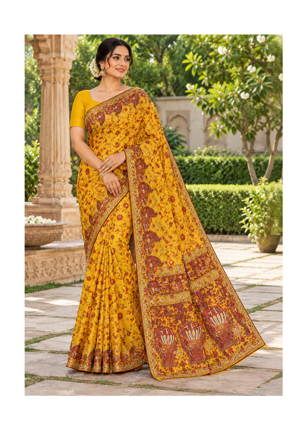 Mustard Yellow Printed Silk Saree Main image