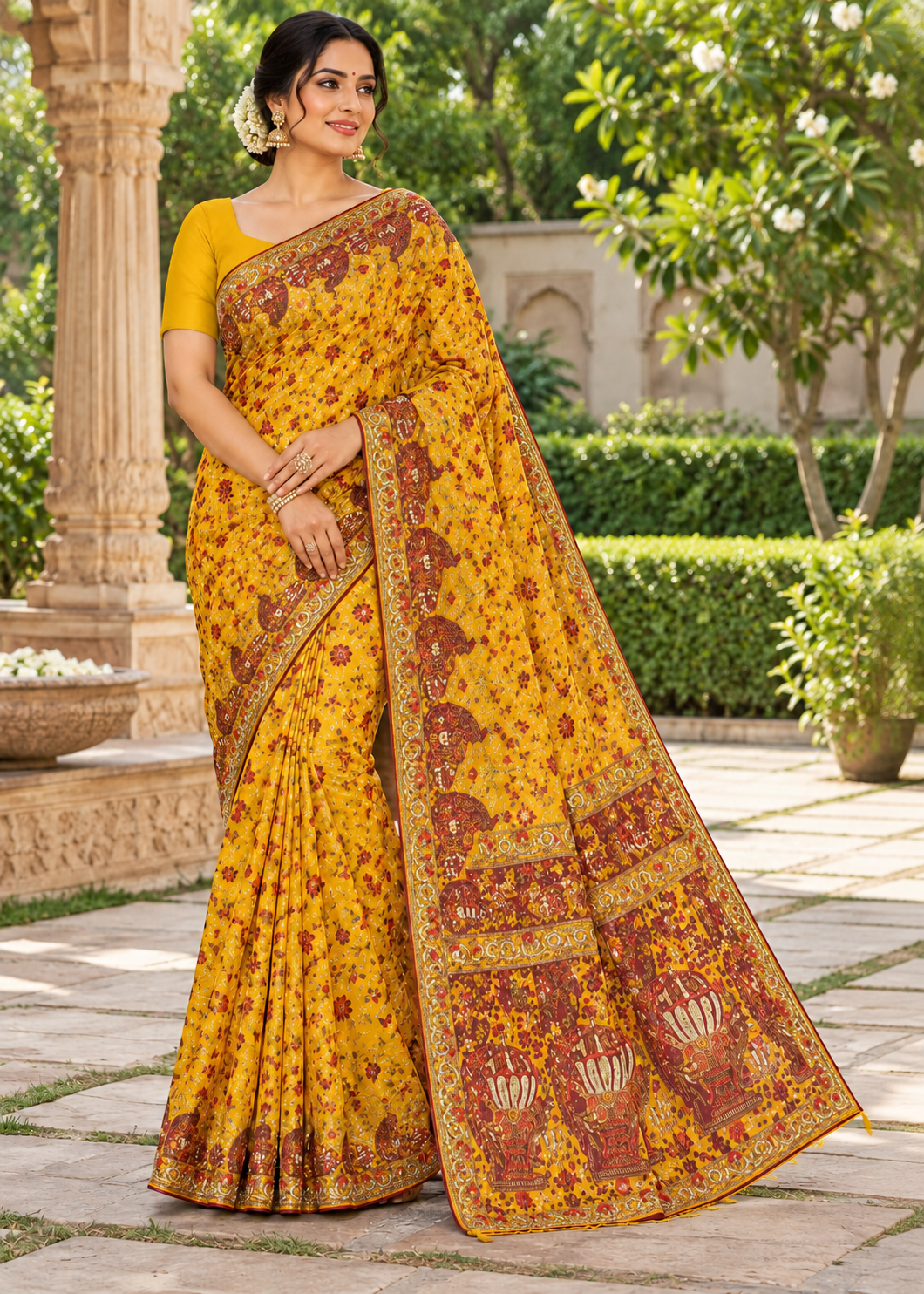 Mustard Yellow Printed Silk Saree